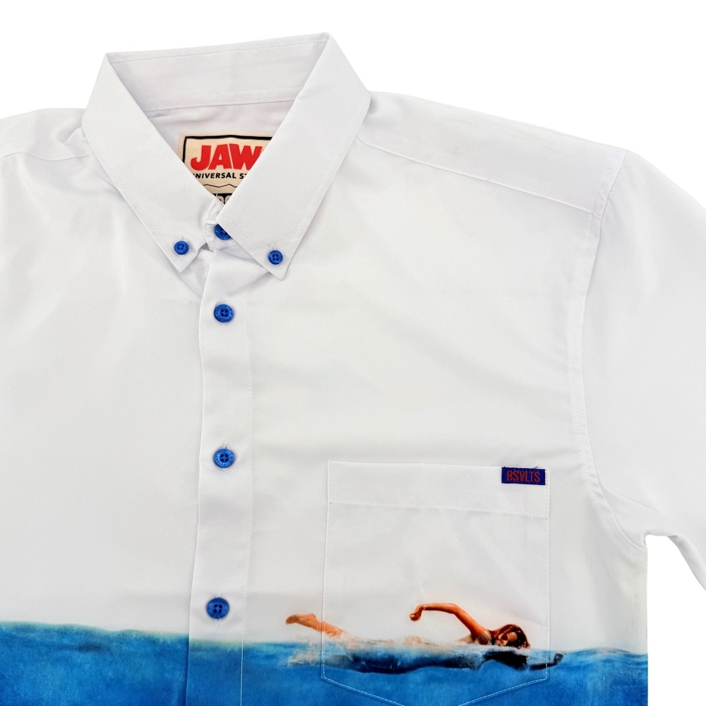 RSVLTS Jaws Shirt Mens Small White Blue KUNUFLEX Short Sleeve Excellent Shark